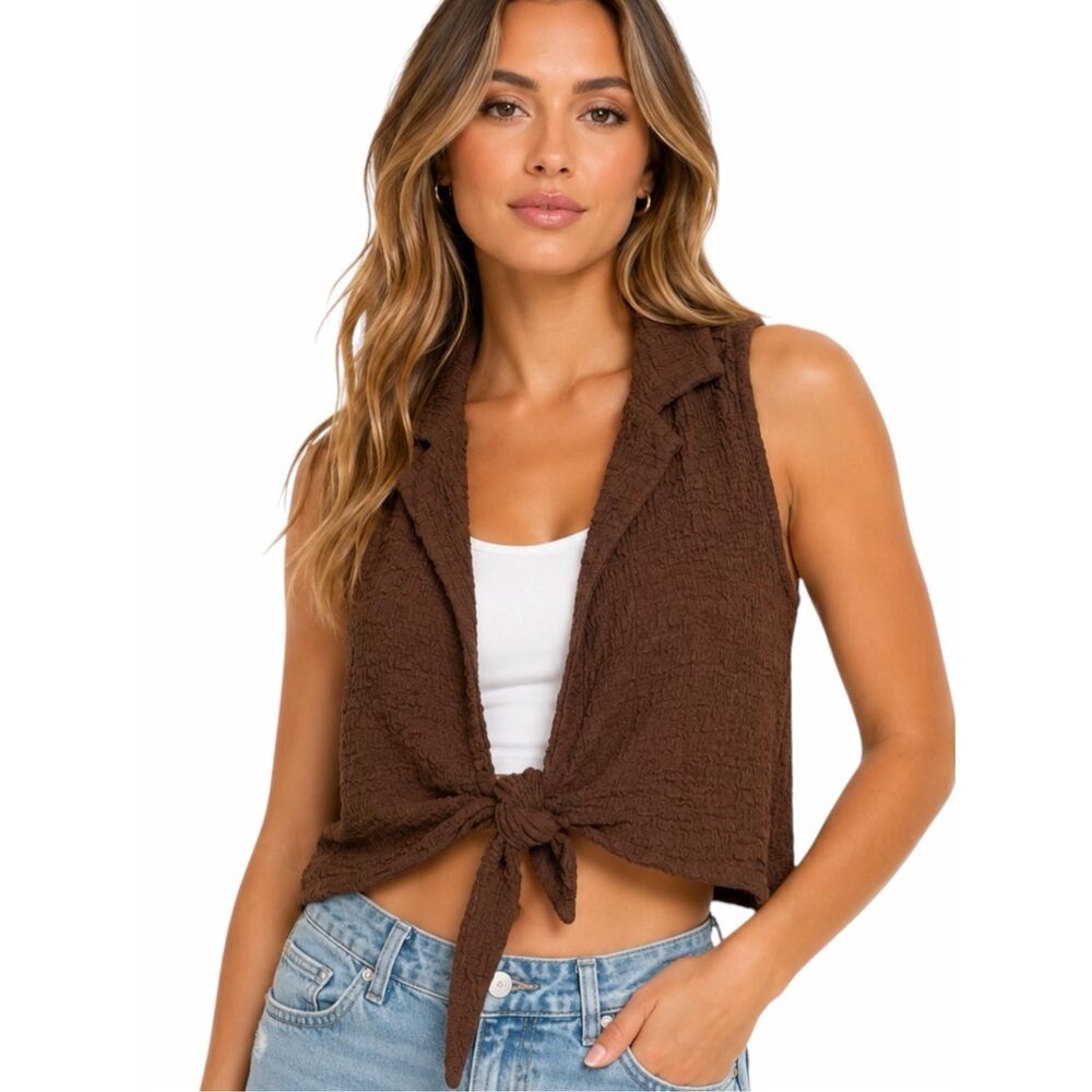 PRINCESS POLLY Women’s Brown Textured Tie Front Sleeveless Vest Top US 4